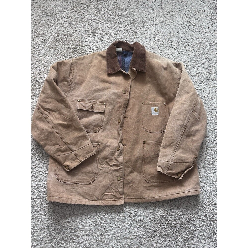 Vtg Carhartt Jacket Corduroy Collar Men’s 52 6BLC Chore Coat Plaid Blanket Lined